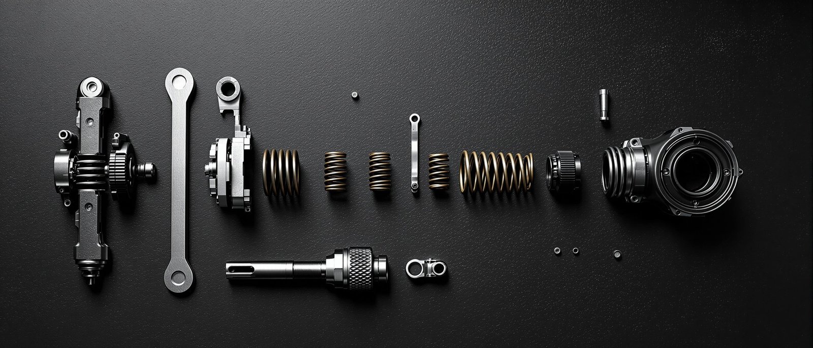 CVT clutch components laid out flat: flyweights, springs and a helix