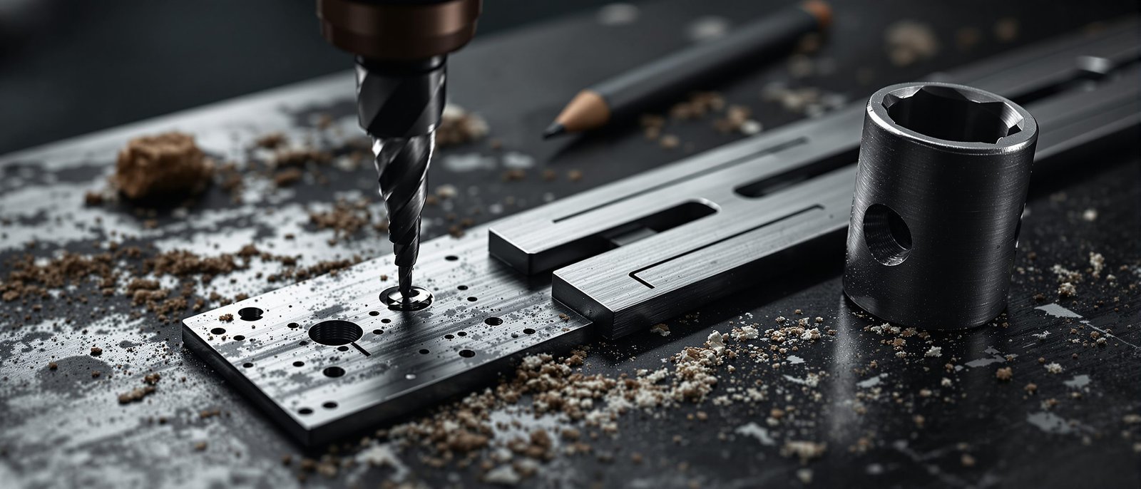 A track drill, stud template and shallow socket on a workbench