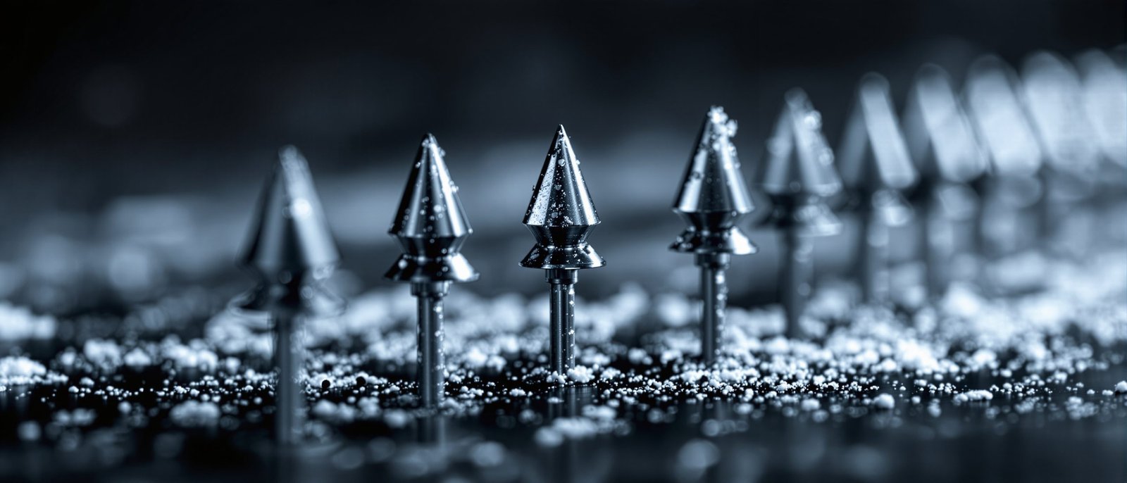 A row of carbide-tipped snowmobile studs standing on end