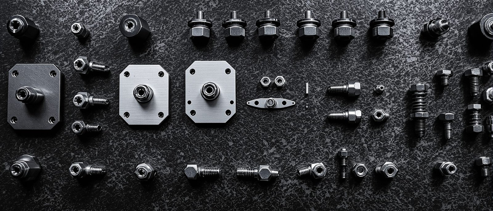 Cat Traction Carbide studs, support plates and lock nuts laid out on steel
